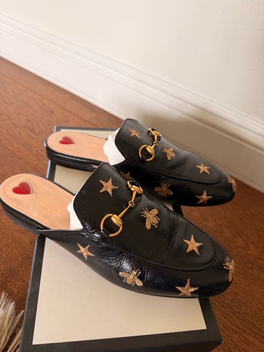 Gucci Princetown Leather Slipper Black with Embroidered Bees & Stars - EU 38